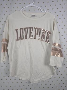Victorias Secret PINK LOVE Rose Gold BLING Quarter Sleeve Tee Shirt SMALL